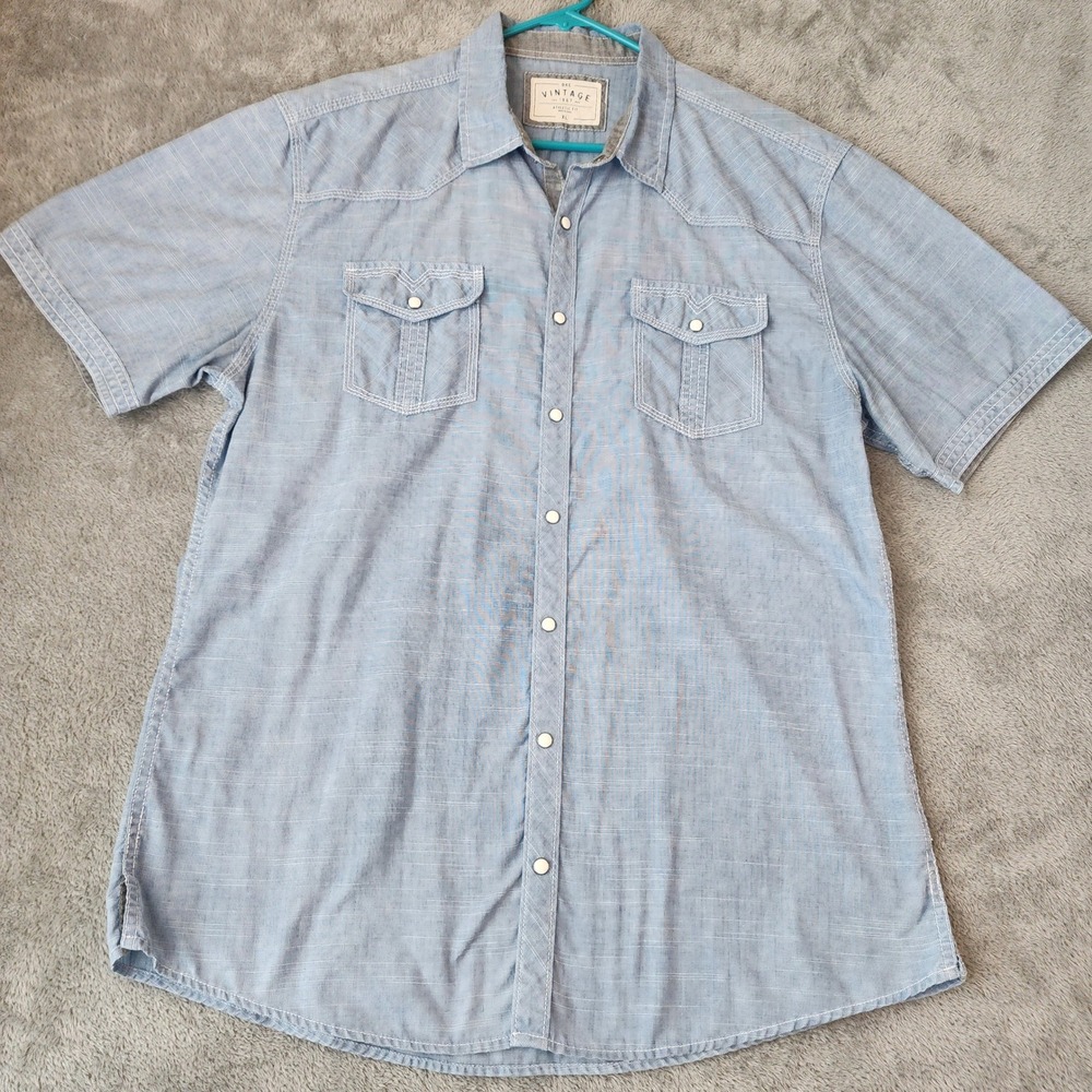 BKE Vintage Shirt Mens XL Blue Pearl Snap Short Sleeve Athletic Fit Western